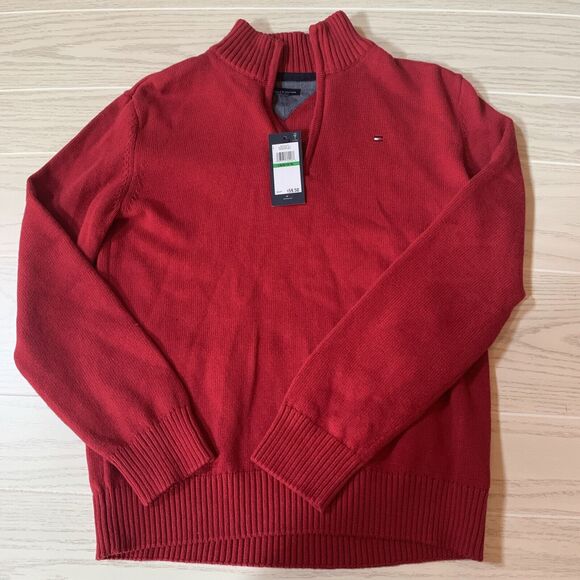 Tommy Hilfiger Boys Large Long‎ Sleeve Pullover Sweater Red Zip Up Neck - Picture 1 of 7